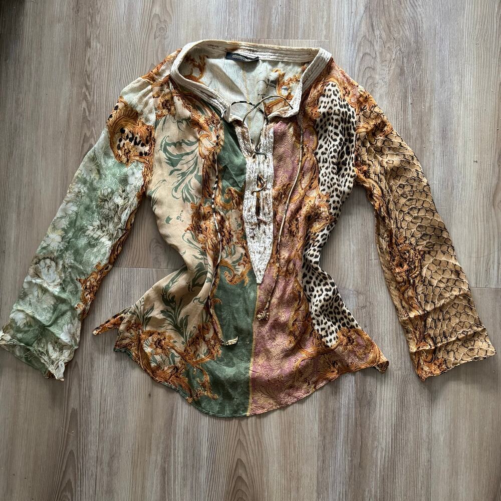 Roberto Cavalli IT 40 Vintage Archival SS05 Patchwork Animal Print Silk Blouse